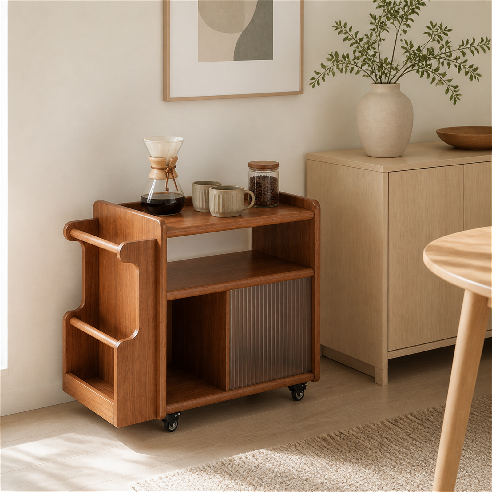 Cherry finish solid wood rolling coffee side cart in a bright coffee corner