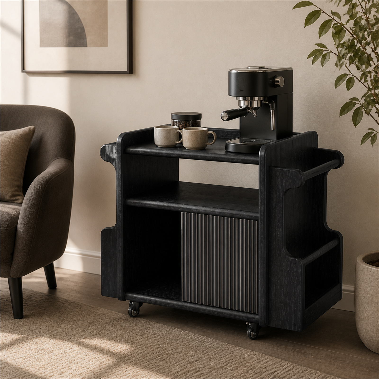 Vintage black solid wood rolling coffee side cart beside a lounge chair