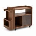 Walnut solid wood rolling coffee side cart with ribbed cabinet on white