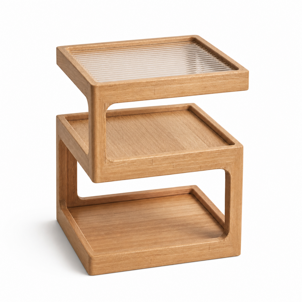 Natural finish solid wood three-tier compact coffee side table on white