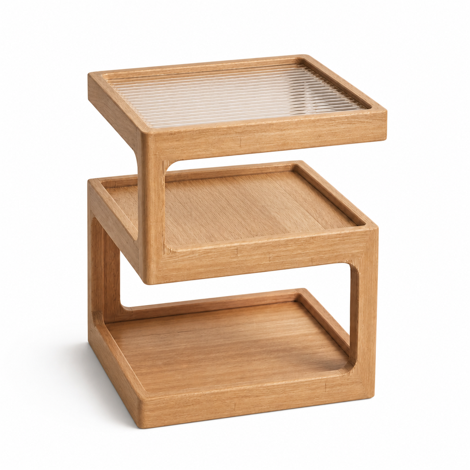 Natural finish solid wood three-tier compact coffee side table on white