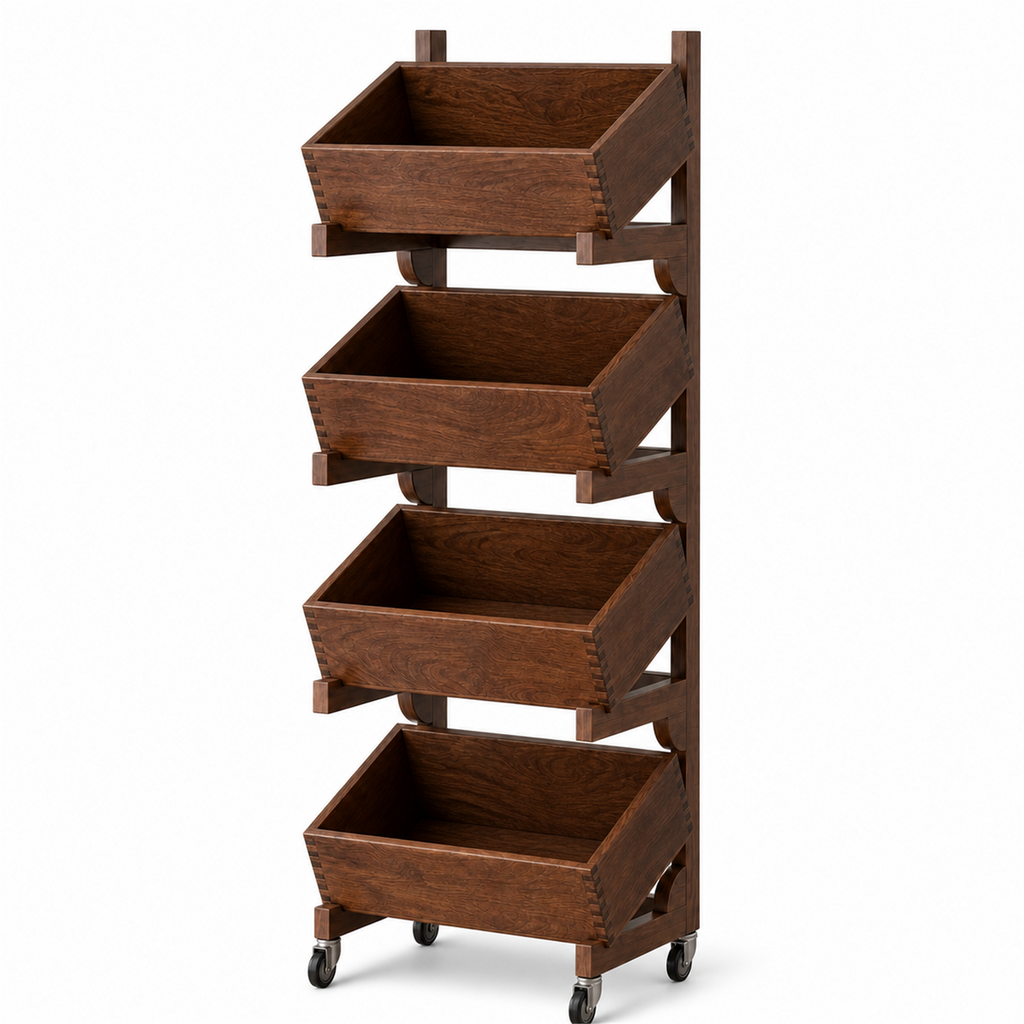 Four-tier solid wood tilting-bin coffee bar storage organizer with locking casters on white