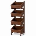 Four-tier solid wood tilting-bin coffee bar storage organizer with locking casters on white