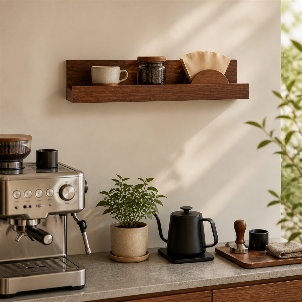 30 cm Southeast Asian pine wall coffee shelf in a compact coffee station