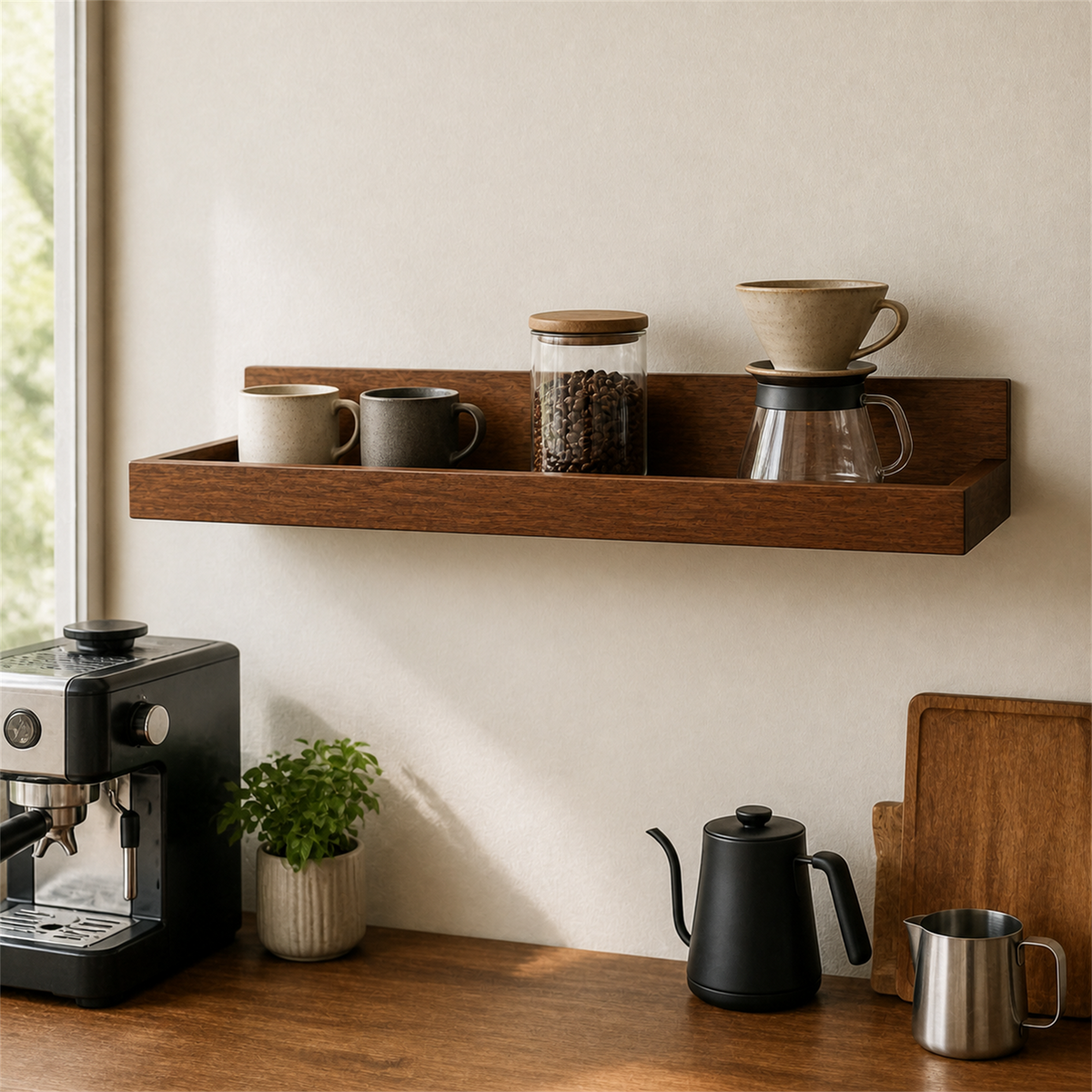 60 cm Southeast Asian pine wall coffee shelf above a home coffee counter