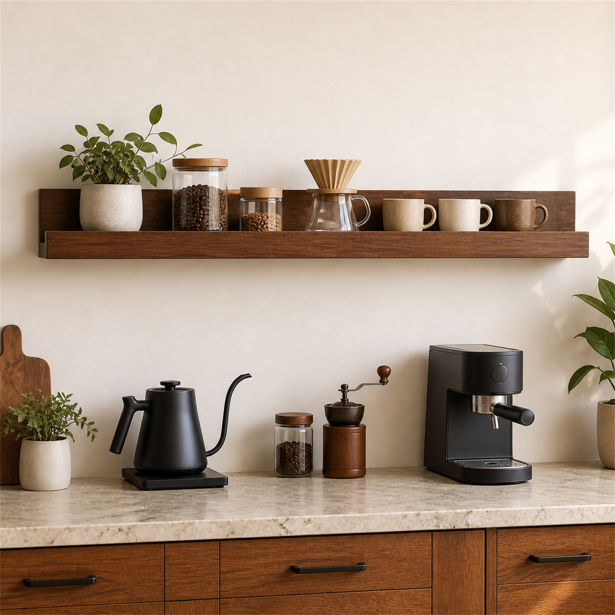 90 cm Southeast Asian pine wall coffee shelf in a spacious coffee bar