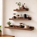 Walnut brown Southeast Asian pine wall shelves in a coffee corner