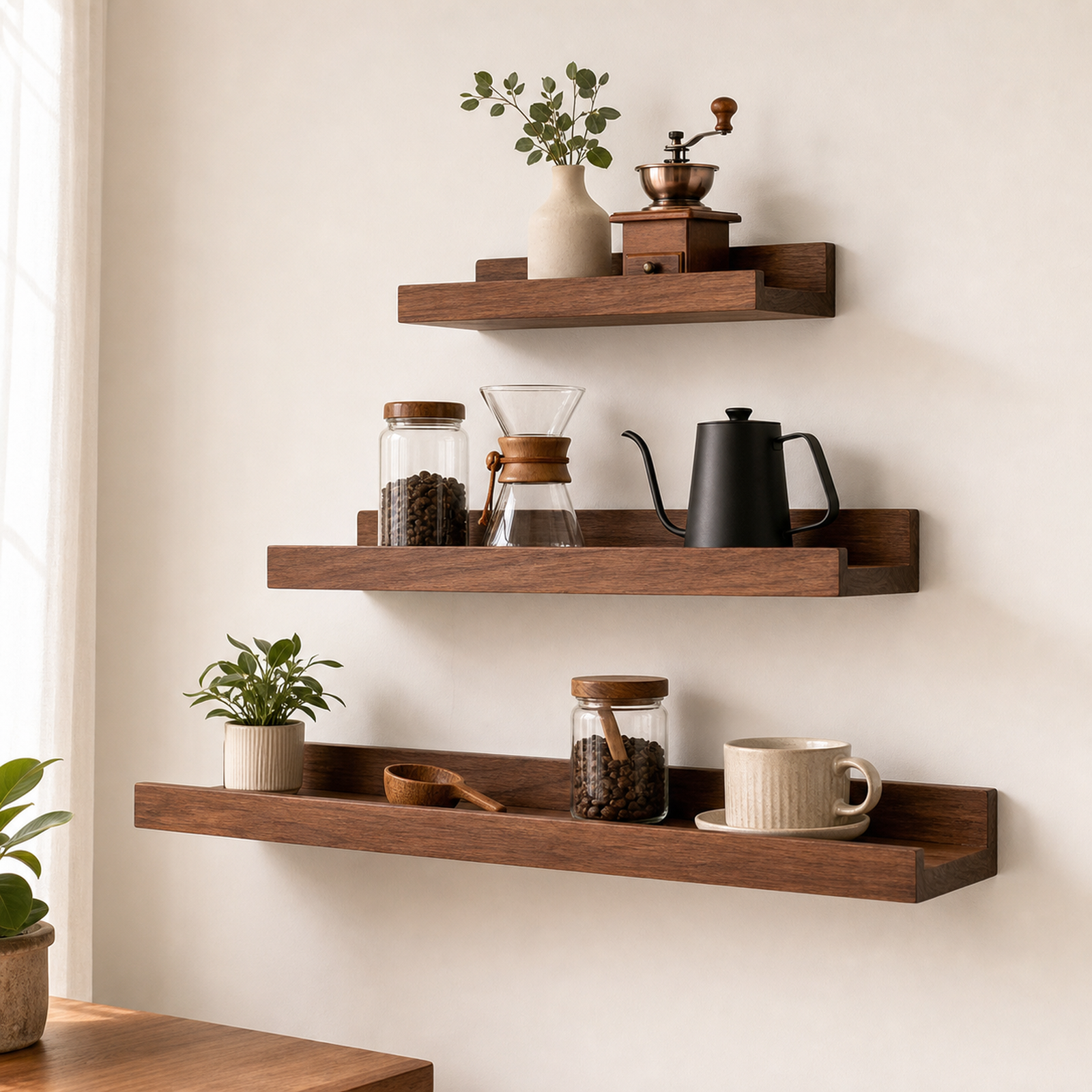 Walnut brown Southeast Asian pine wall shelves in a coffee corner