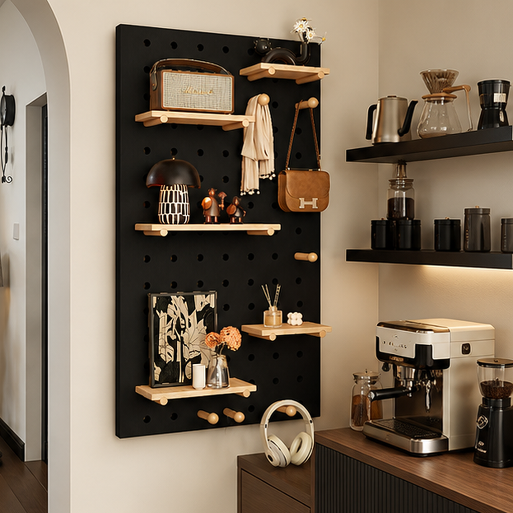 Textured Black Classic wall coffee pegboard organizer in a home coffee bar