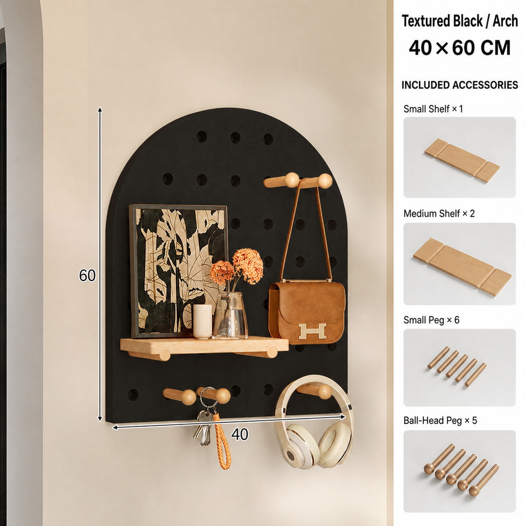 Textured Black Arch coffee pegboard dimensions and included accessories