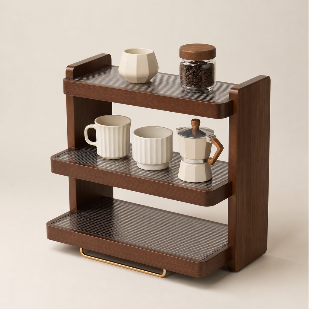 Three-tier walnut brown countertop coffee corner organizer shelf