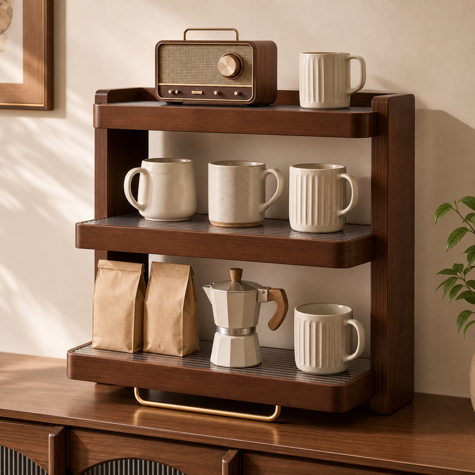 Three-tier organizer styled in a warm home coffee corner