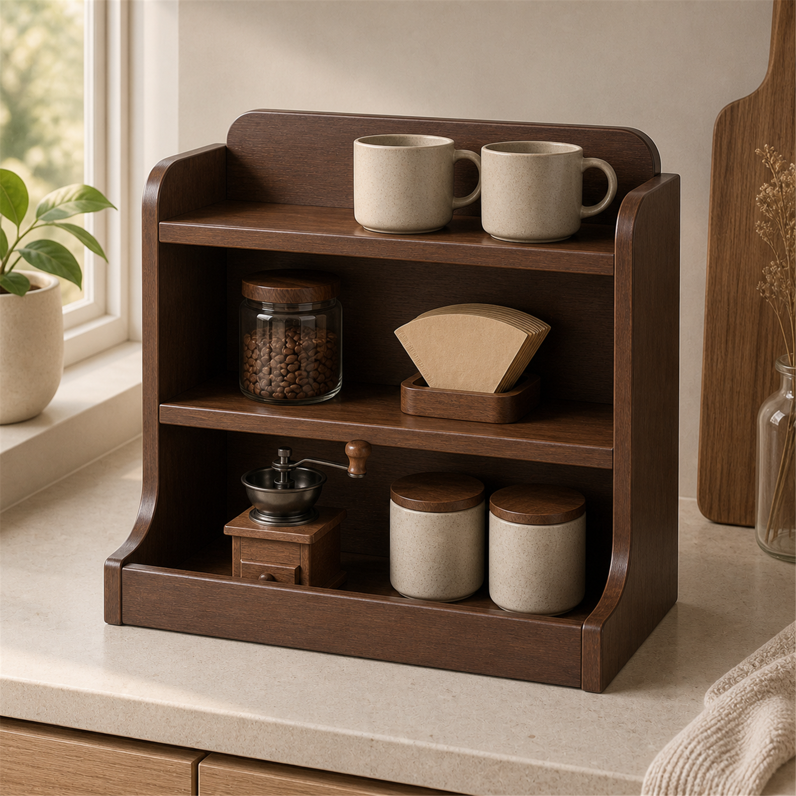 Dark walnut three-tier coffee organizer in a warm coffee corner