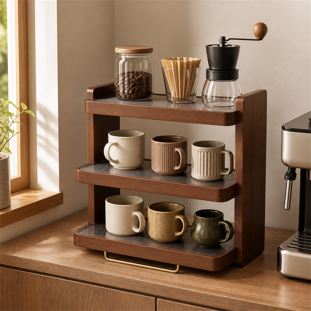 42 cm three-tier wood and acrylic countertop coffee organizer in a compact coffee station