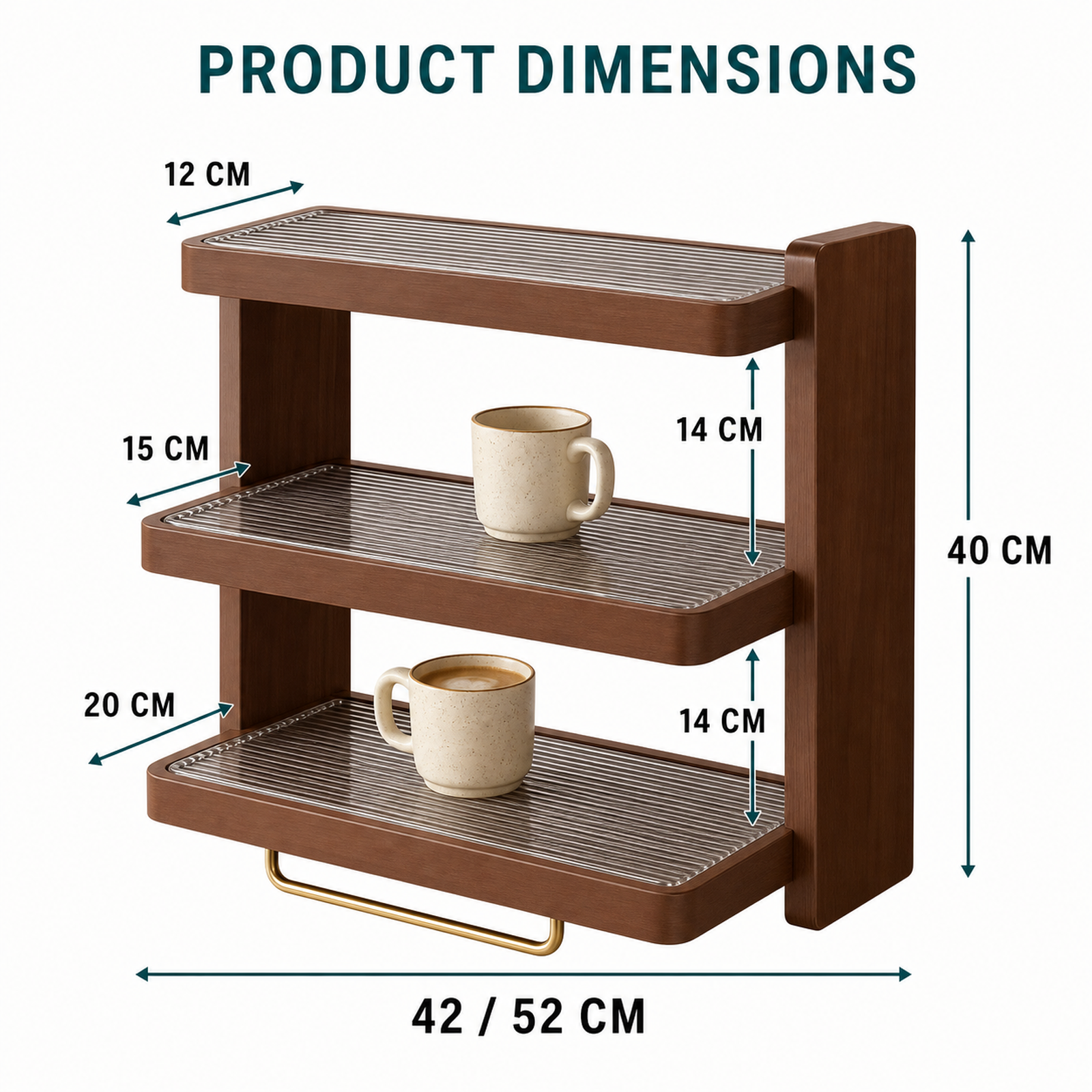 Product dimensions for 42 cm and 52 cm organizer sizes