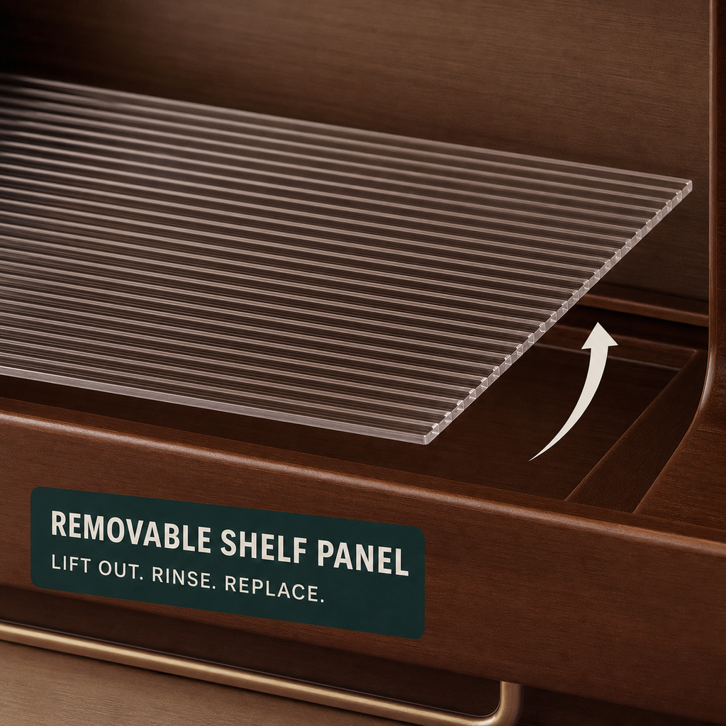 Removable ribbed acrylic shelf panel for easy cleaning