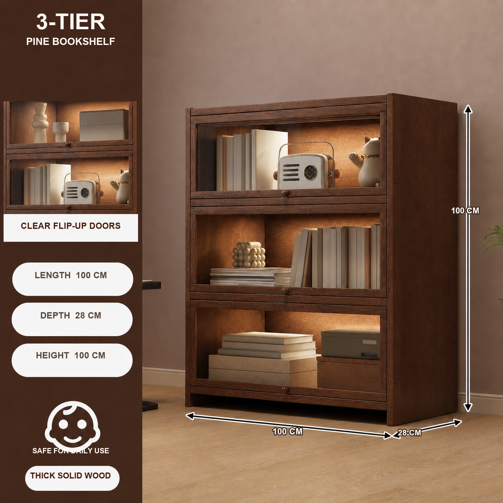 Four-Tier Flip-Door Solid Pine Coffee Storage Cabinet