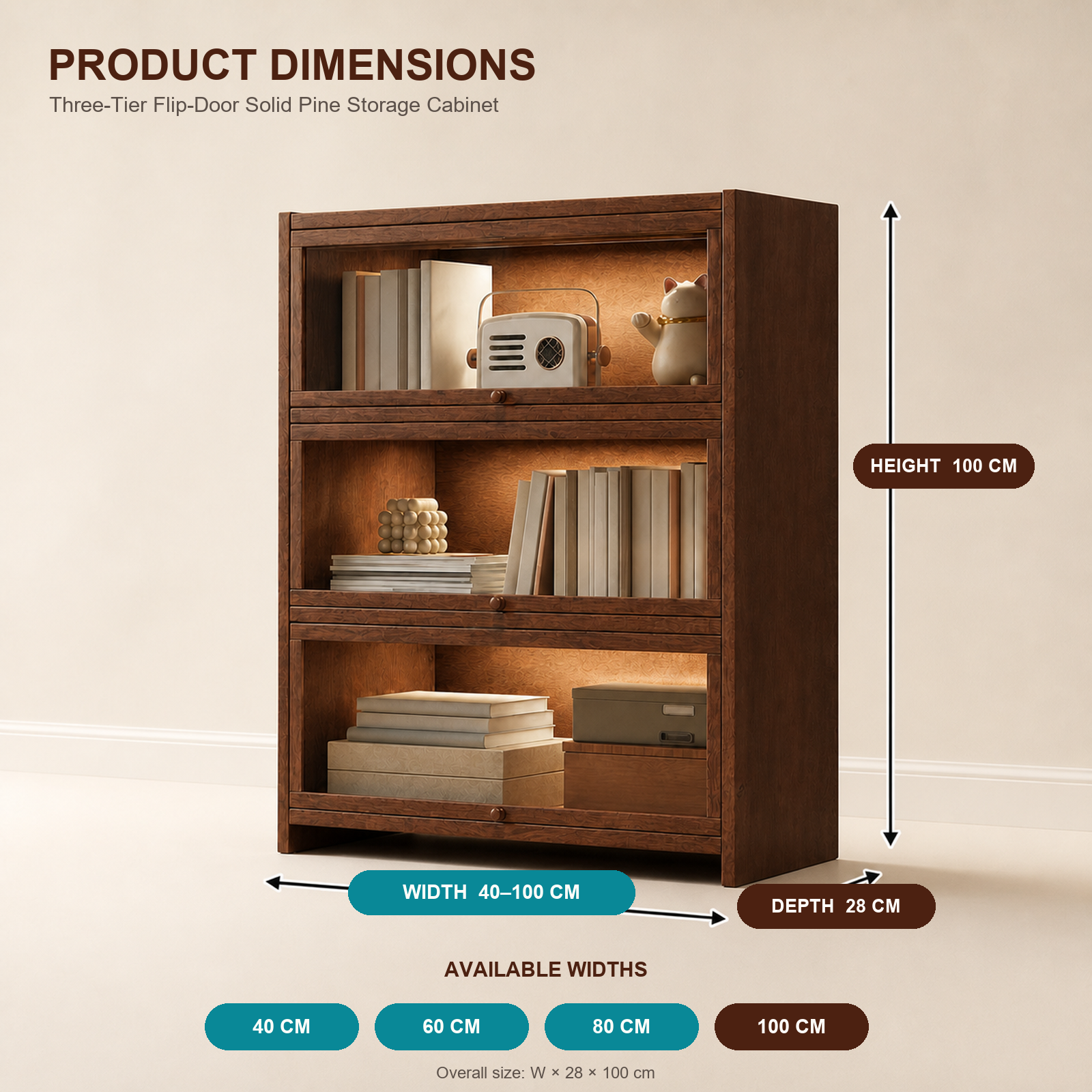 Three-Tier Flip-Door Solid Pine Coffee Storage Cabinet