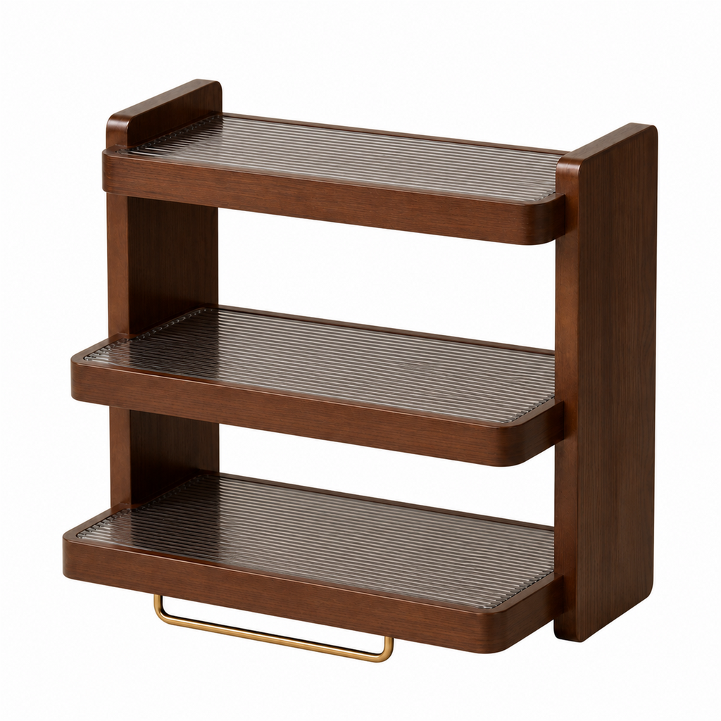 Three-tier walnut-brown wood and acrylic countertop coffee organizer on white