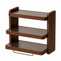 Three-tier walnut-brown wood and acrylic countertop coffee organizer on white