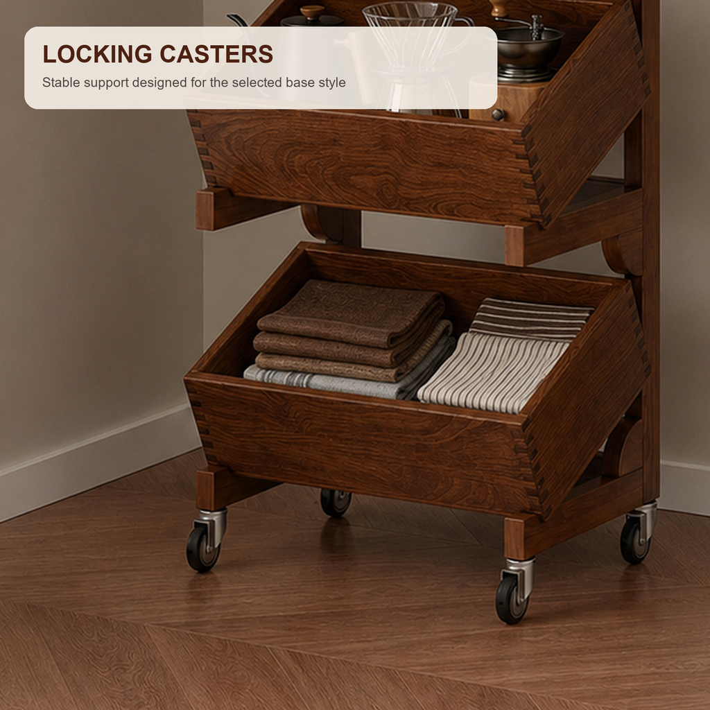 Close view of locking caster base on solid wood coffee organizer