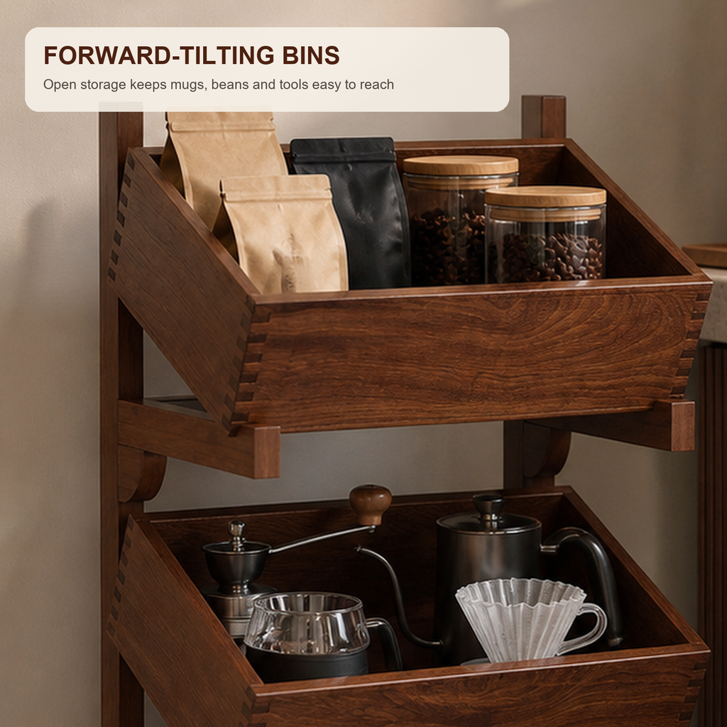 Close view of forward-tilting solid wood storage bins