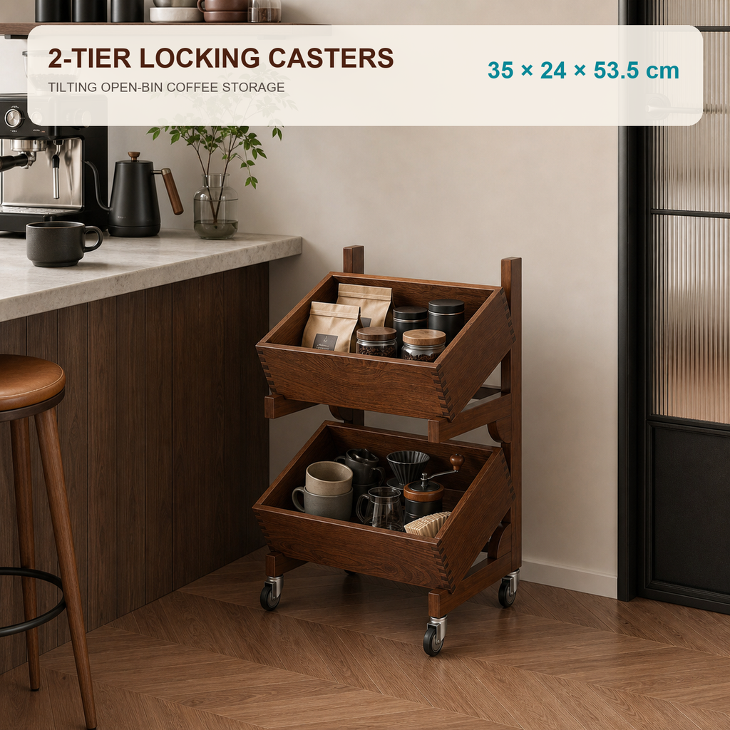 Two-tier caster coffee organizer dimensions 35 by 24 by 53.5 cm