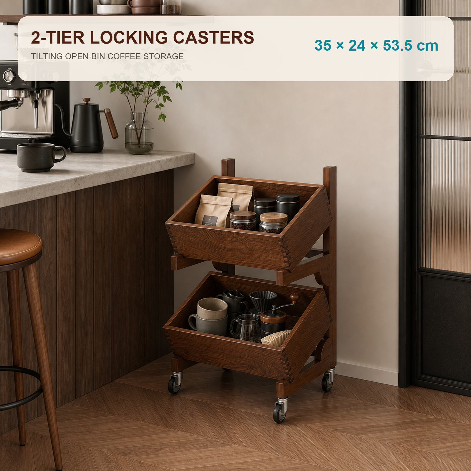 Two-tier caster coffee organizer dimensions 35 by 24 by 53.5 cm