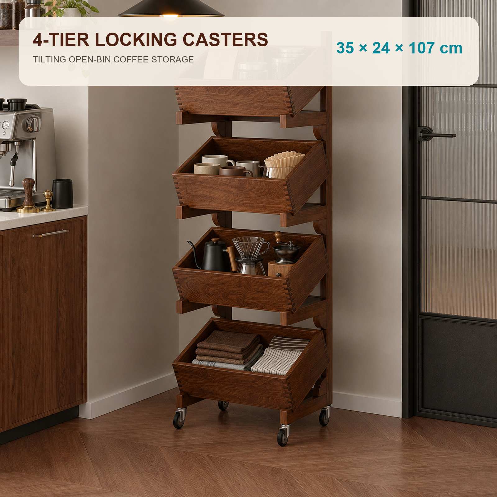 Four-tier caster coffee organizer dimensions 35 by 24 by 107 cm