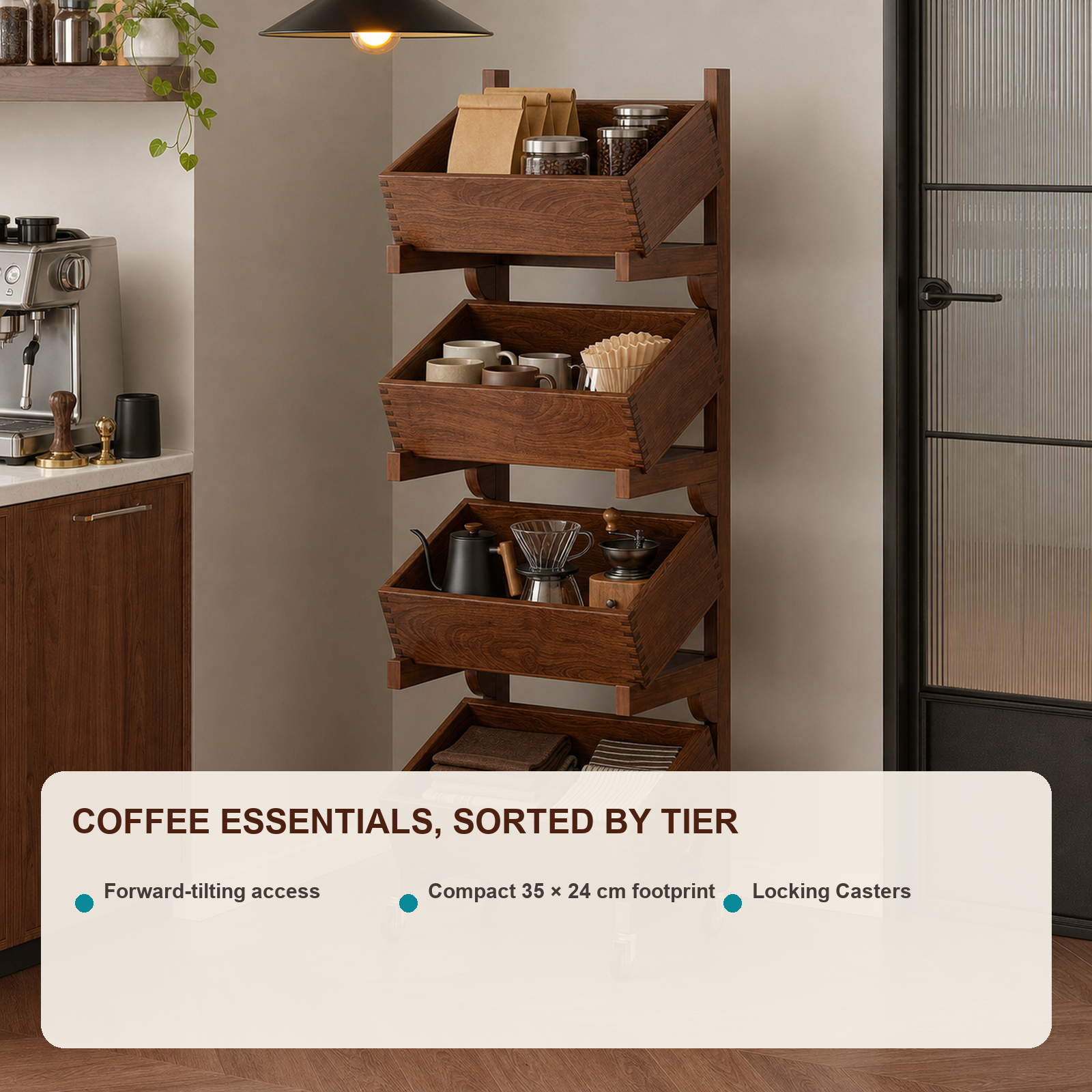 Rolling tilting-bin coffee organizer features and compact footprint