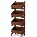 Four-tier solid wood tilting-bin coffee bar cart with locking casters on white