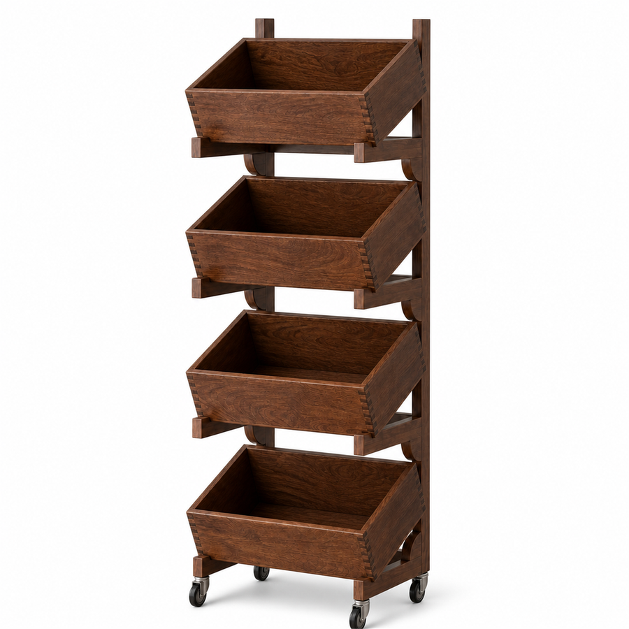 Four-tier solid wood tilting-bin coffee bar cart with locking casters on white