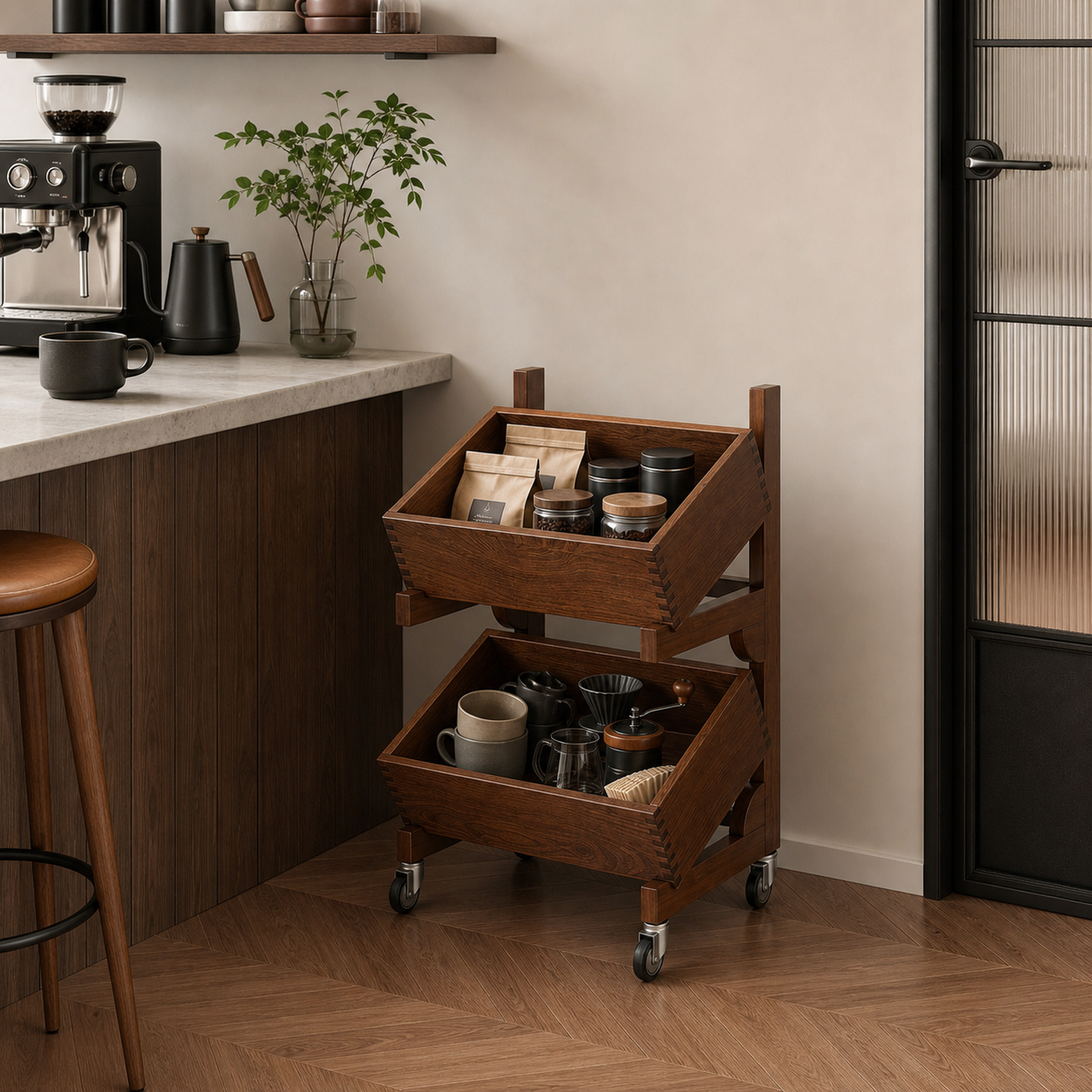 Two-tier rolling tilting-bin coffee organizer in a coffee bar
