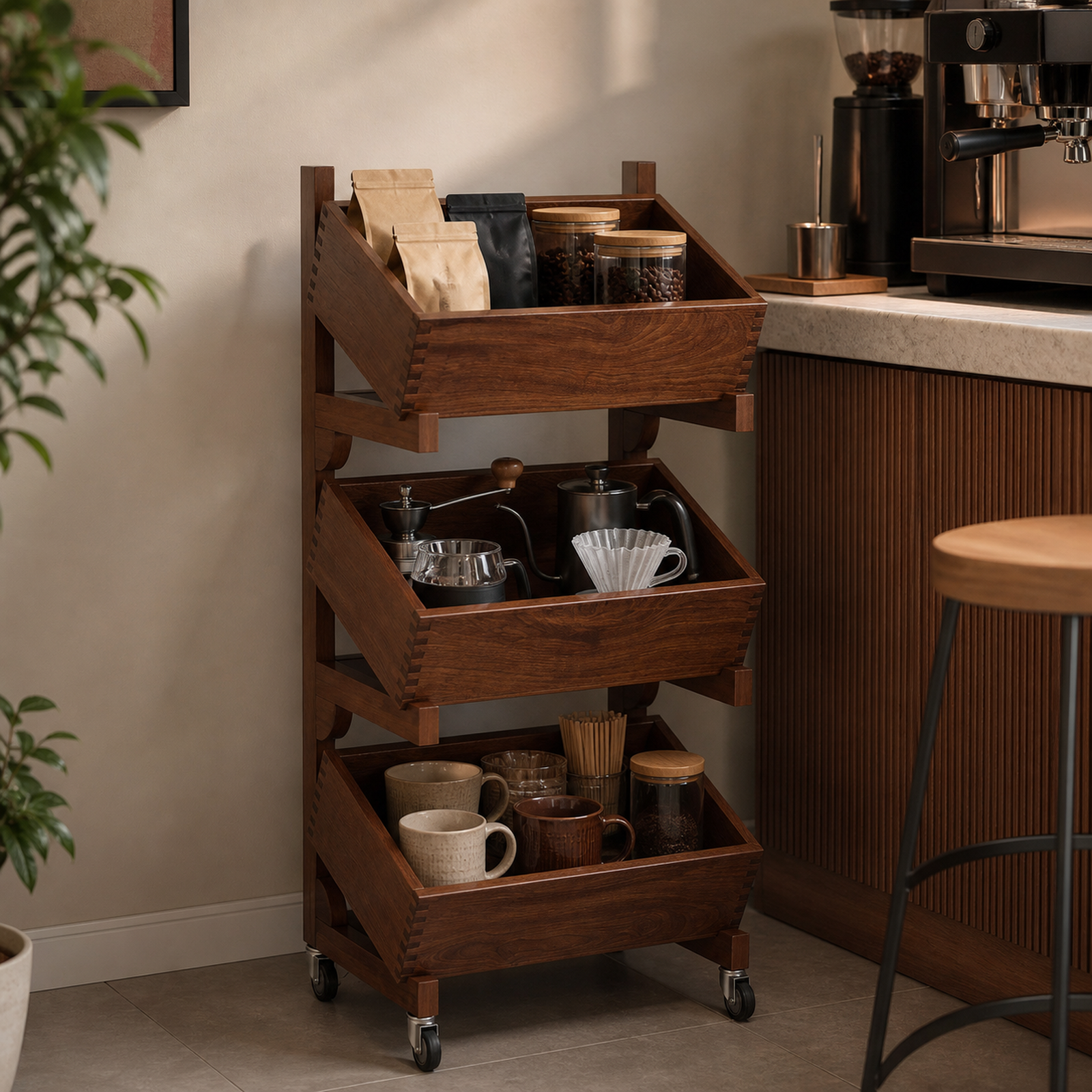 Three-tier rolling tilting-bin coffee organizer beside an espresso station