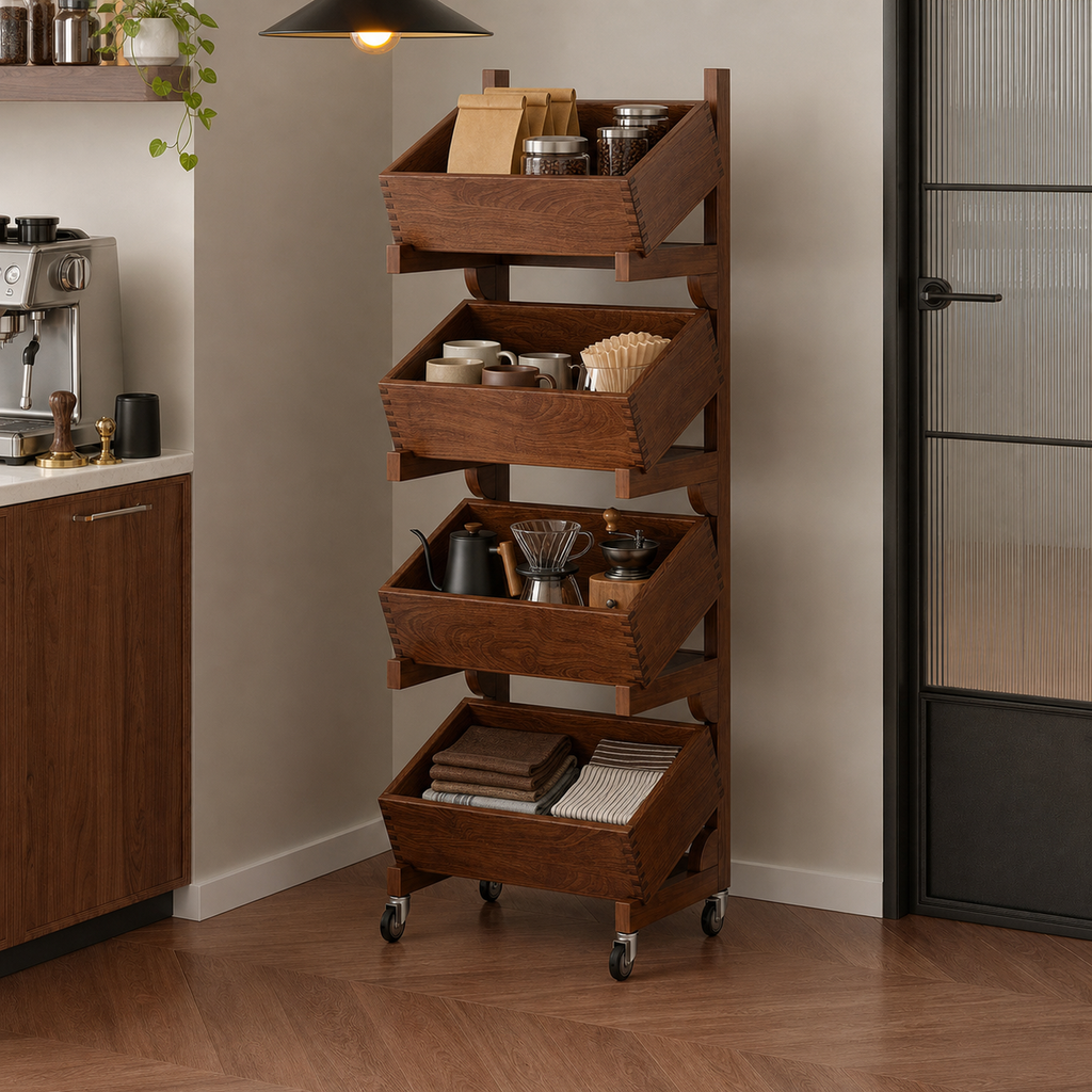 Four-tier rolling tilting-bin coffee organizer in a compact coffee corner