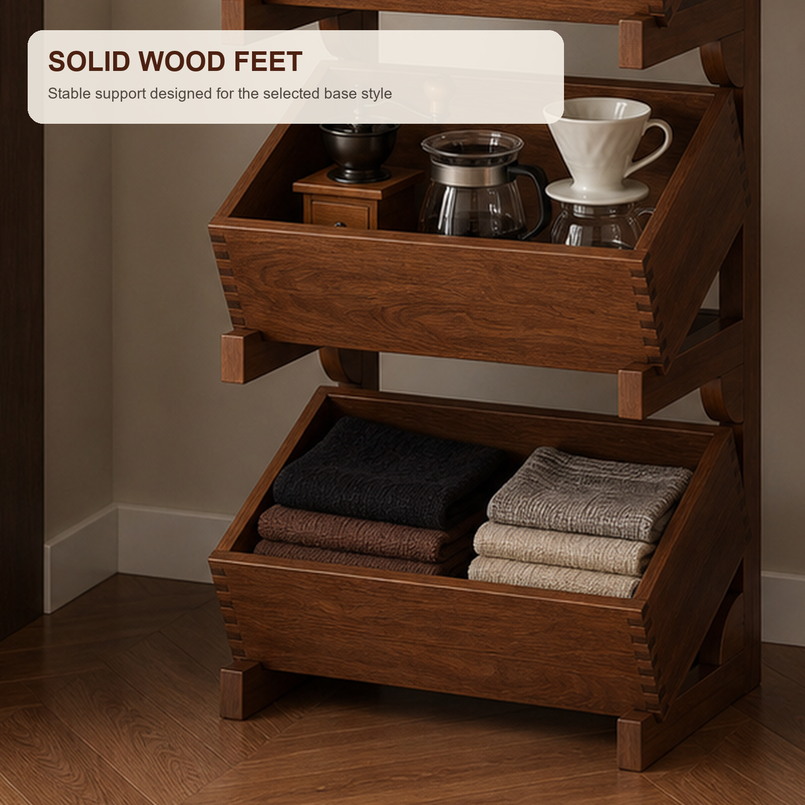 Close view of fixed solid wood feet on coffee organizer