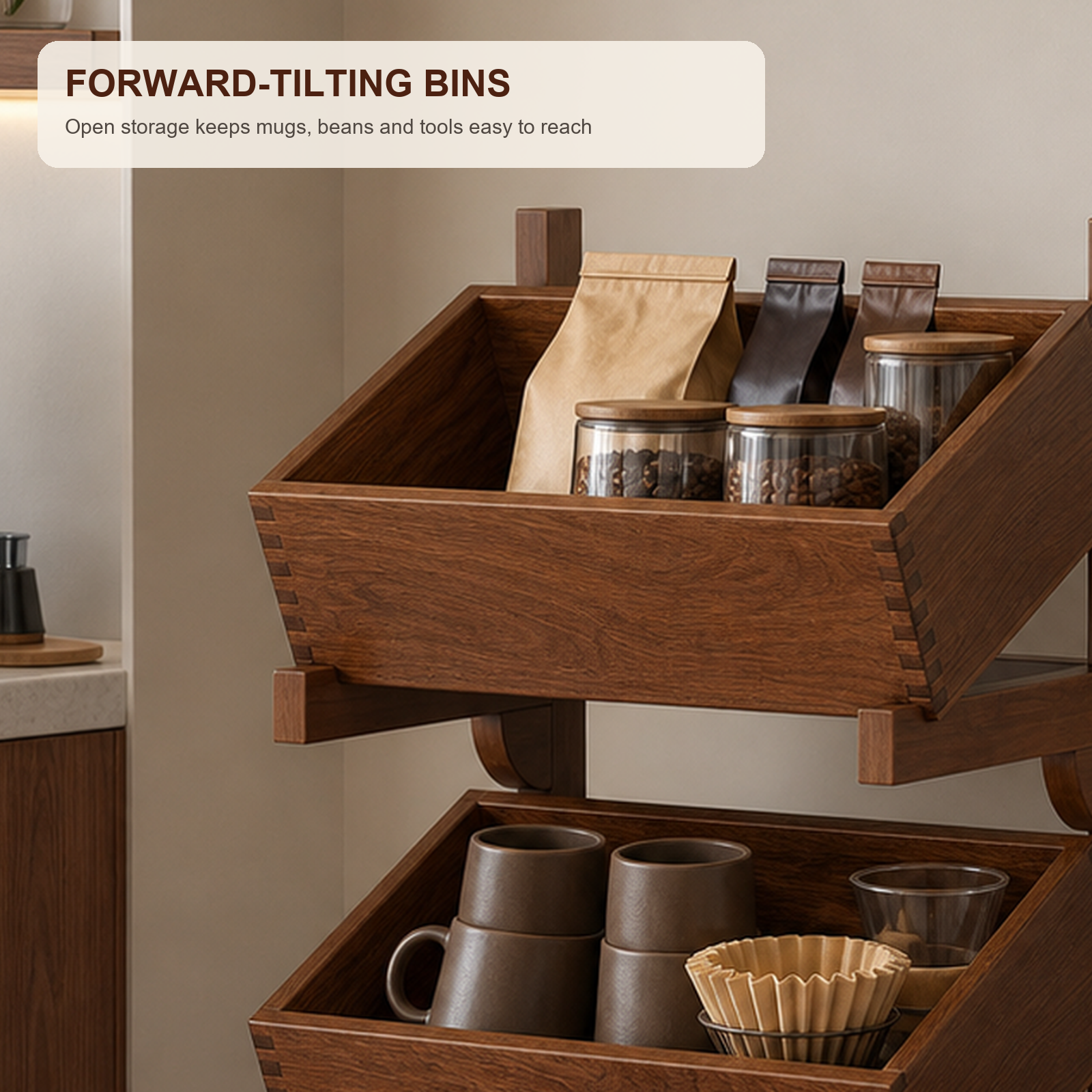 Close view of forward-tilting solid wood storage bins