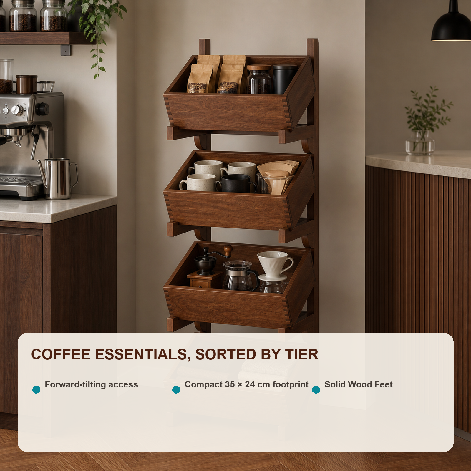 Fixed-foot tilting-bin coffee organizer features and compact footprint
