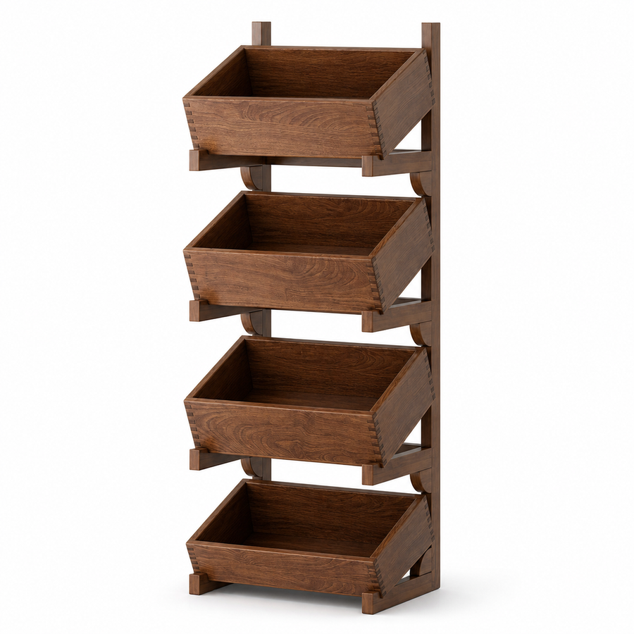 Four-tier solid wood tilting-bin coffee organizer with wooden feet on white