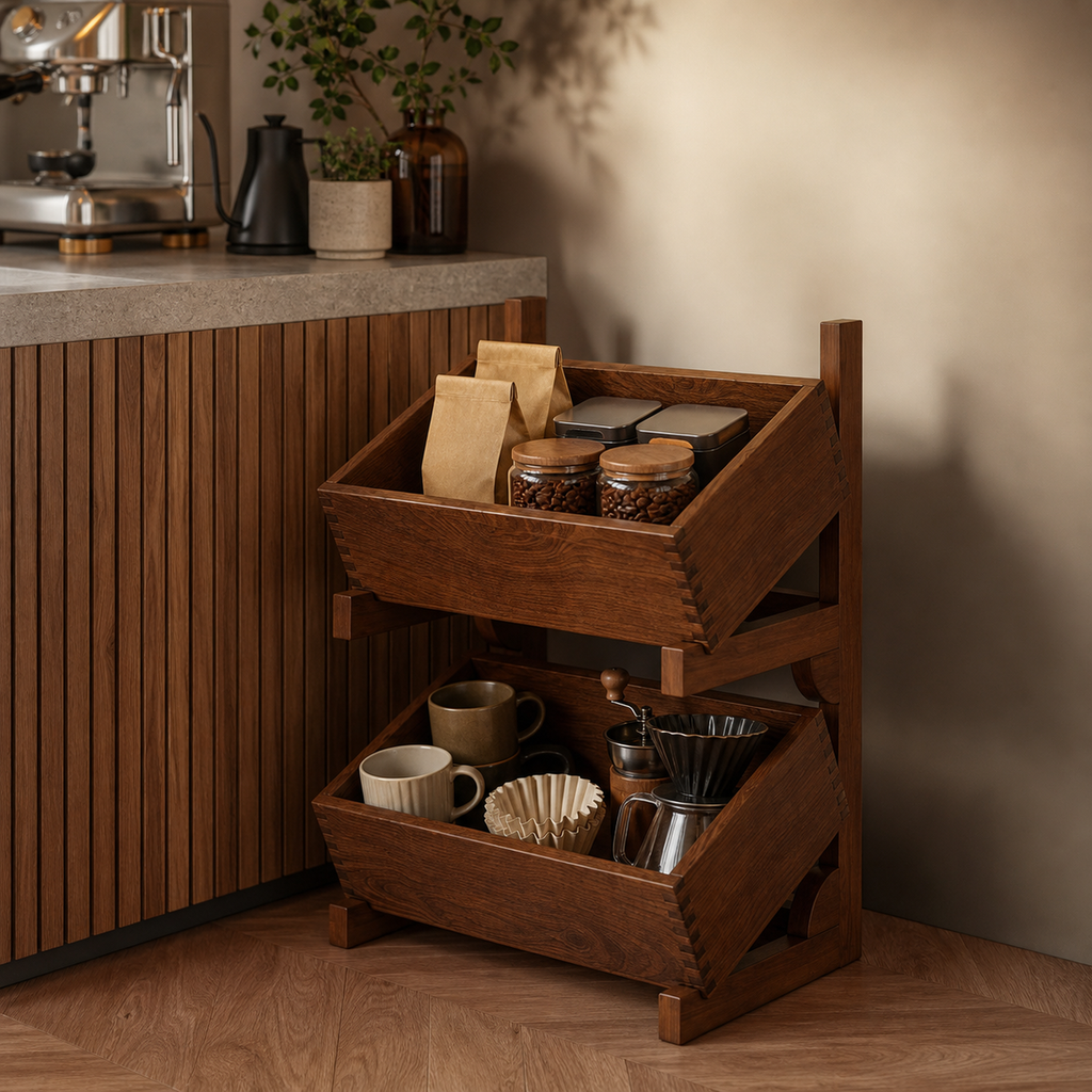 Two-tier fixed-foot tilting-bin coffee organizer in a coffee bar