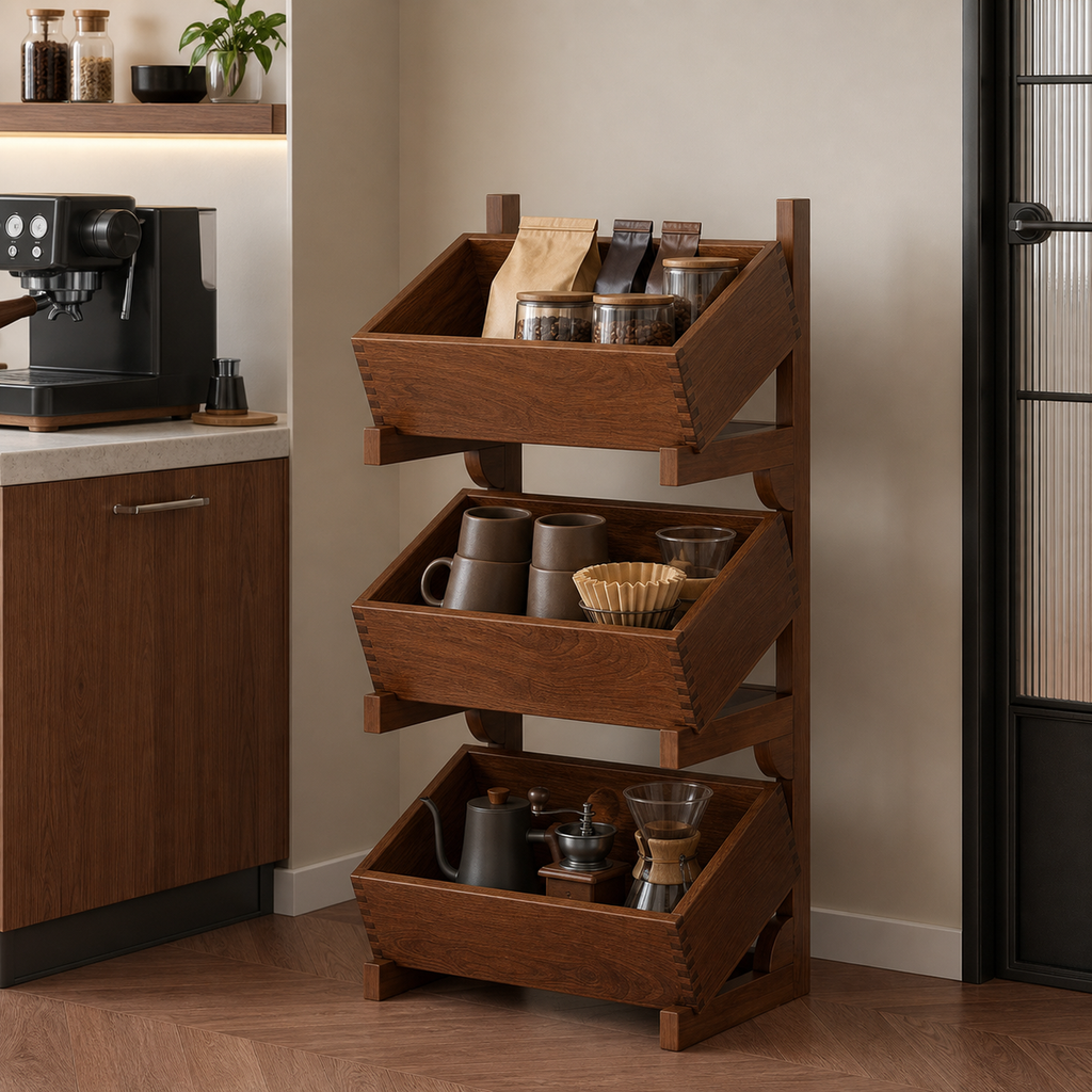 Three-tier fixed-foot tilting-bin coffee organizer beside an espresso station