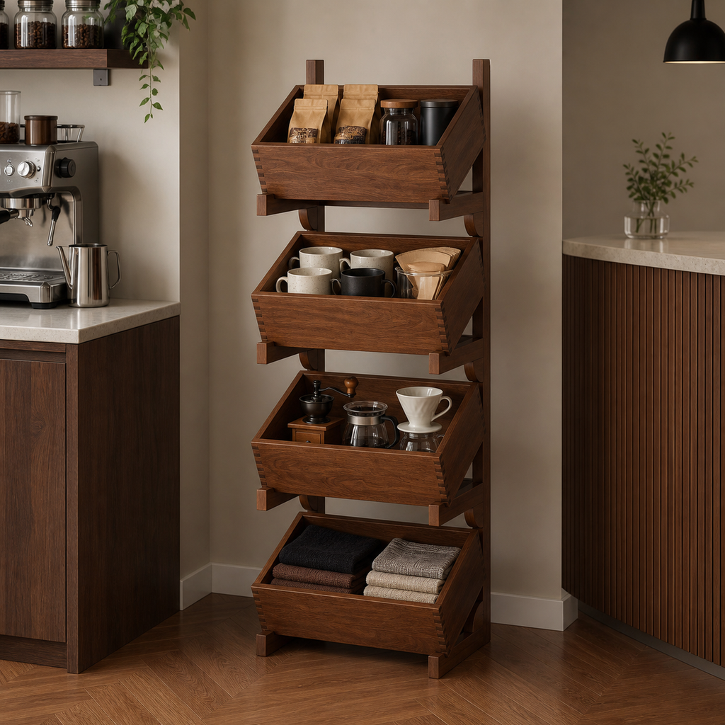 Four-tier fixed-foot tilting-bin coffee organizer in a compact coffee corner