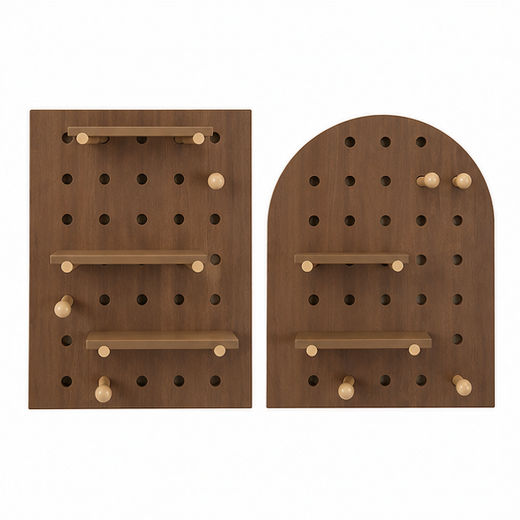 Vintage Walnut Classic and Arch wall coffee pegboard organizers on white background