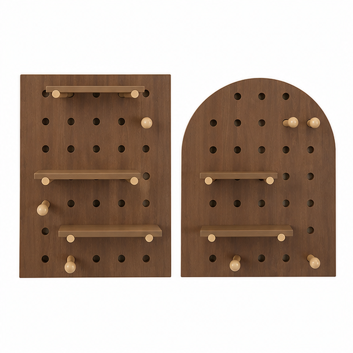 Vintage Walnut Classic and Arch wall coffee pegboard organizers on white background