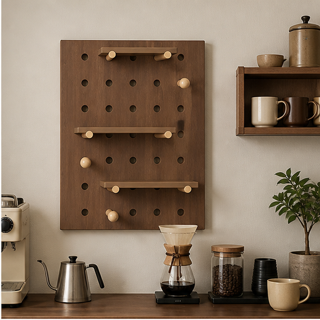 Vintage Walnut Classic wall coffee pegboard organizer in a home coffee bar