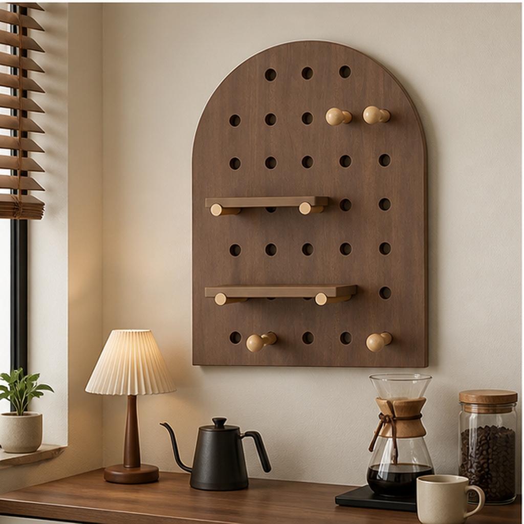 Vintage Walnut Arch wall coffee pegboard organizer in a home coffee corner