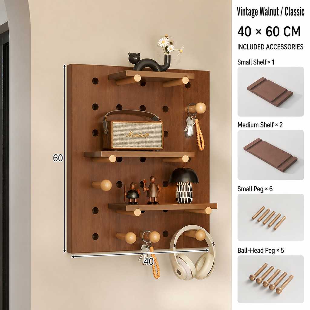 Vintage Walnut Classic coffee pegboard dimensions and included accessories