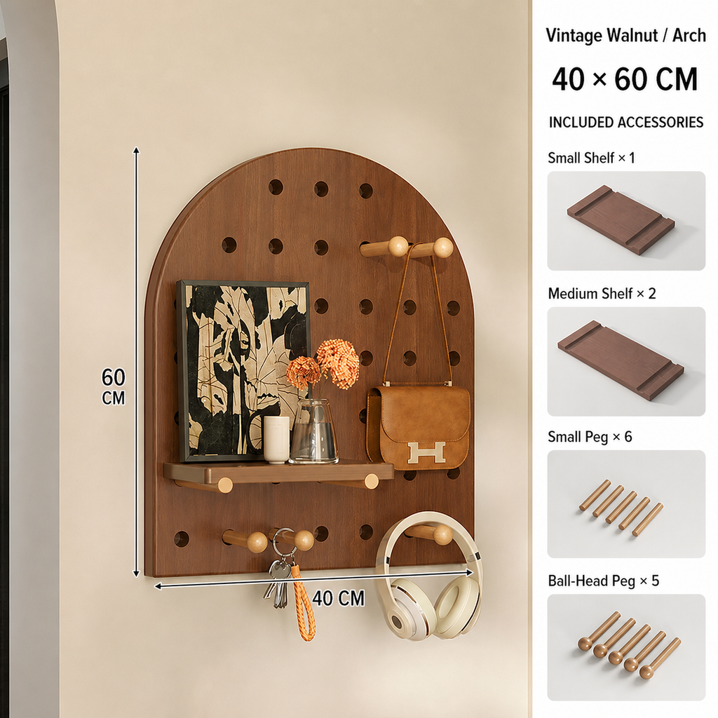 Vintage Walnut Arch coffee pegboard dimensions and included accessories