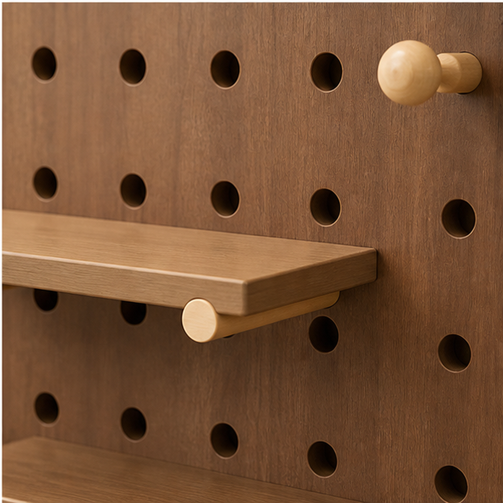 Vintage Walnut pegboard round-hole grid, shelf mounting and wooden peg detail