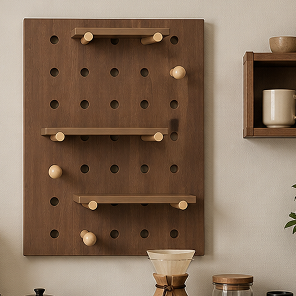 Vintage Walnut modular wall-mounted coffee storage feature